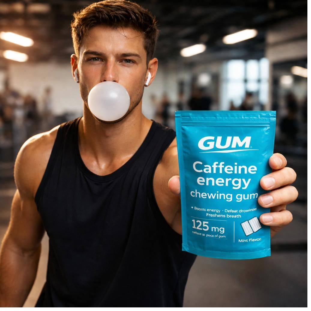 Lifter holding a pouch of GUM at the gym
