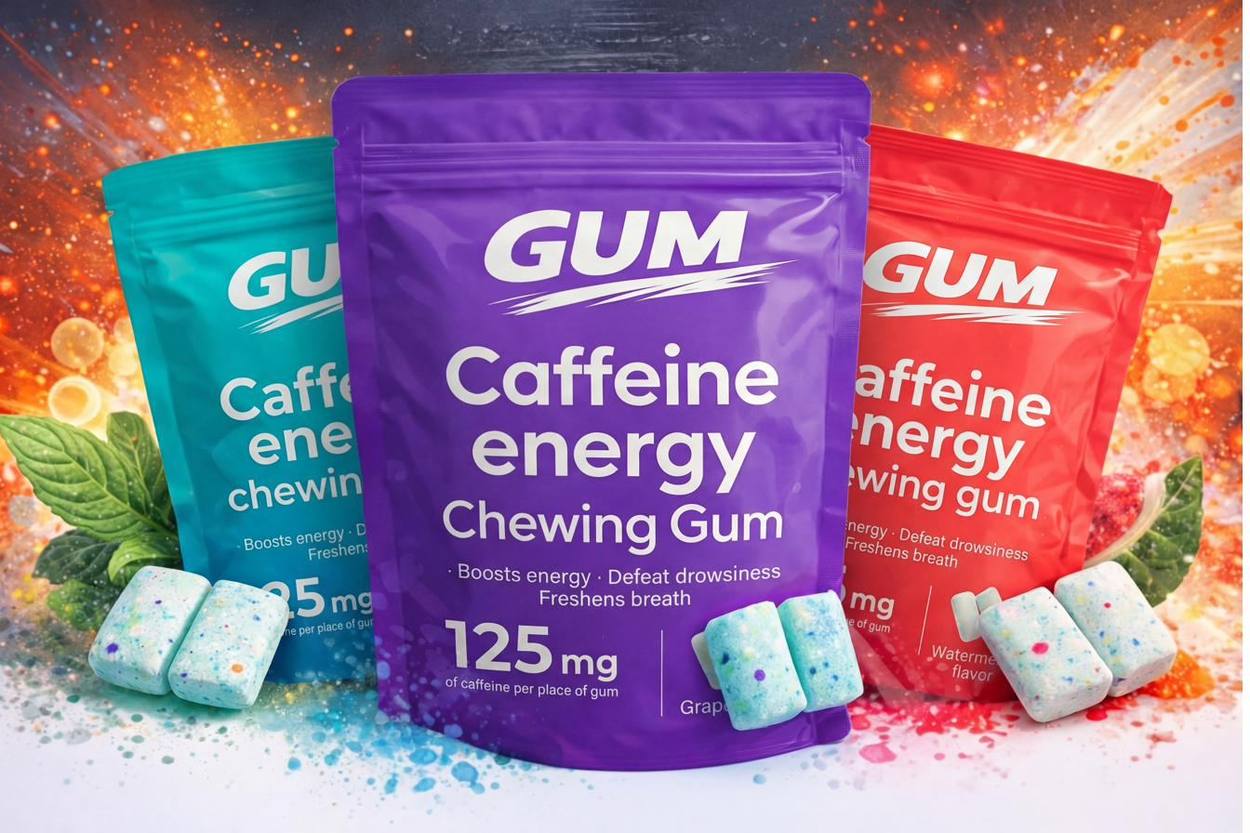 GUM caffeine energy chewing gum in mint, grape and watermelon