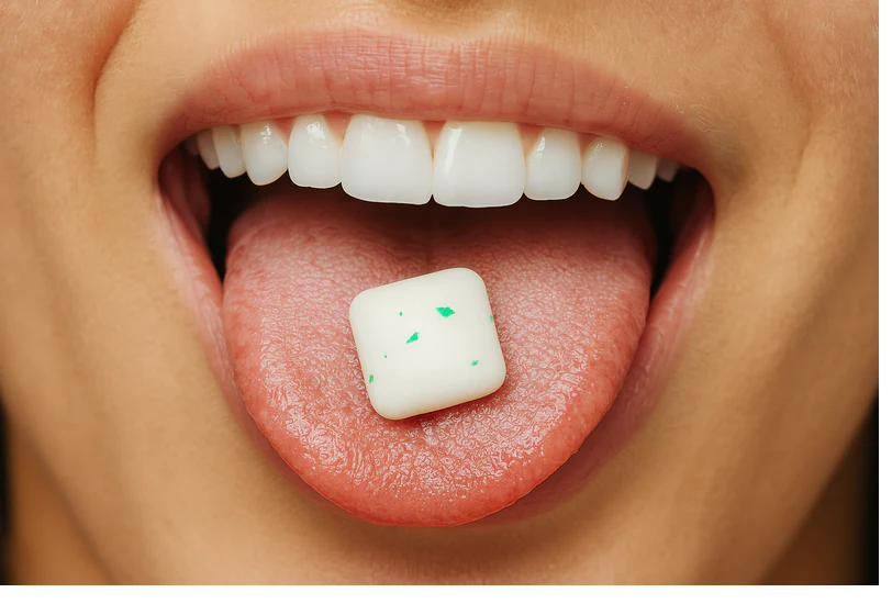 A piece of GUM caffeine gum on the tongue